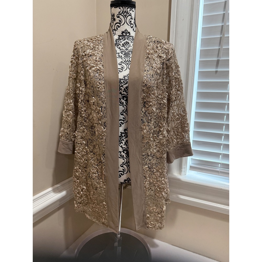 Oleg Cassini Womens 18W Champagne Gold Sequin Lace Soutache Open Front Cardigan